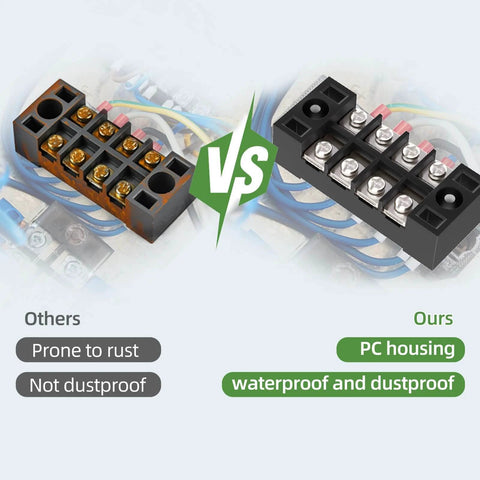 Comparison of heavy duty 15A screw terminal block with 12 position dual row covered design pre insulated barrier strips