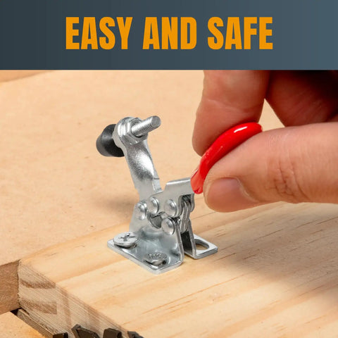 Set Of Four Horizontal Toggle Clamps With Lightning Smooth Release And Sixty Pound Locking Strength Featuring Dead Nuts Tight Nonskid Rubber Pads For Rock Solid Control On Woodworking Jigs Fixtures And Welding Work