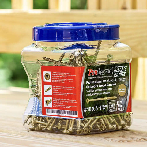 Tough Number 10 By 3 Half Inch Decking Screws Featuring Six Lobe Drive And Galvanized Bronze Finish 180 Count Jar focused on professional use.