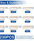 Diagram showing nine-size options in the Nine Sizes 230 Piece Wood Dowel Kit With Fluted Twill Grooved Dowel Pins.