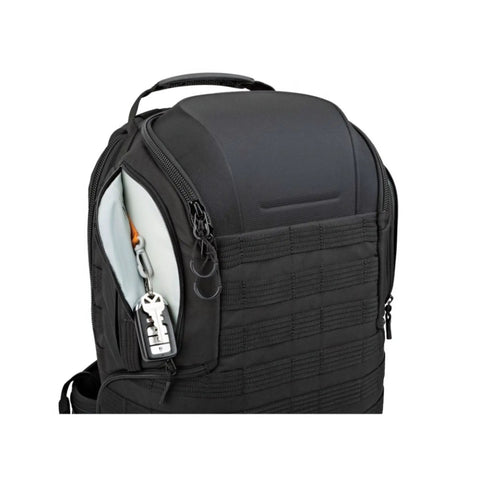 ProTactic BP 450 AW 2 25L Modular Camera Backpack With CradleFit Pocket visible, showcasing zippered compartments and rugged design.