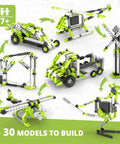 Creative Builder 30 In 1 Multimodel STEM Kit for Kids 7 and Up Motorized Vehicle Brick Set showing six assembled models