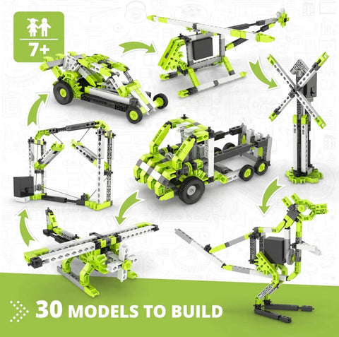 Creative Builder 30 In 1 Multimodel STEM Kit for Kids 7 and Up Motorized Vehicle Brick Set showing six assembled models