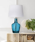 Cool Deep Blue Translucent Textured Glass Table Lamp With Cream Empire Shade And Brushed Chrome Accents Modern Bedside Or Foyer Lamp Ideal For Bedroom Or Hallway Decor Uses 60W Type A Bulb