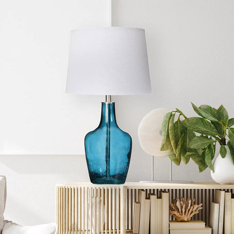 Cool Deep Blue Translucent Textured Glass Table Lamp With Cream Empire Shade And Brushed Chrome Accents Modern Bedside Or Foyer Lamp Ideal For Bedroom Or Hallway Decor Uses 60W Type A Bulb