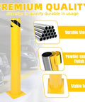 Two Beefy 42 Inch Steel Safety Bollards Rock Solid Parking Barrier Posts Powder Coated Finish in yellow with stable base.