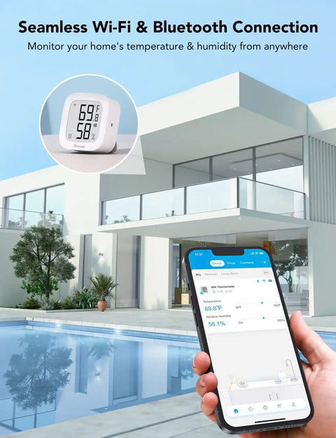 Smartphone displaying WiFi Thermometer Hygrometer with E Ink Display, beside a modern home with outdoor pool.