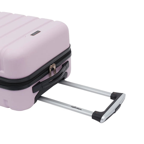 Wrangler 22-inch lilac hardside spinner carry-on luggage with extended aluminum handle, side view