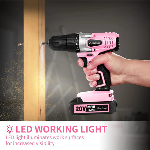 Lightweight 20V Cordless Drill Set For Home DIY And Beginner Projects With Battery Charger 22 Bits Variable Speed Three Eighth Inch Keyless Chuck Pink For Furniture Assembly