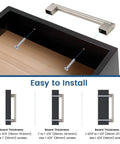 20 Pack Brushed Nickel Dresser Cabinet Pulls installation guide with various board thicknesses and screw lengths shown.