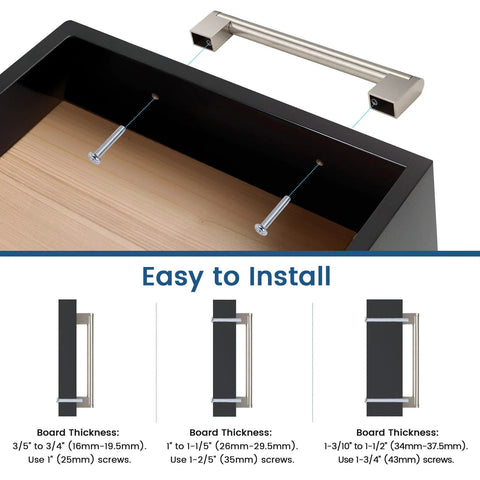 20 Pack Brushed Nickel Dresser Cabinet Pulls installation guide with various board thicknesses and screw lengths shown.