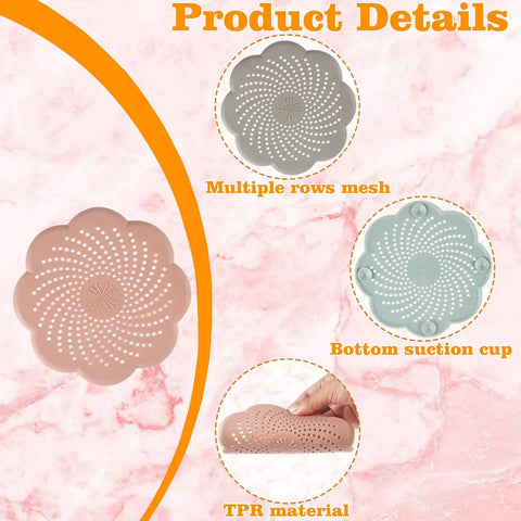 Five Pack Flower Shaped Silicone Hair Catcher Shower Drain Cover With Strong Suction Cups Killer Clog Stopper For Kitchen Bathroom Tub Slick Design, showing TPR material and mesh drainage holes.
