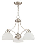 Sleek Silver Transitional Chandelier For Dining Rooms And Living Areas, Steel Construction, three lights with satin glass