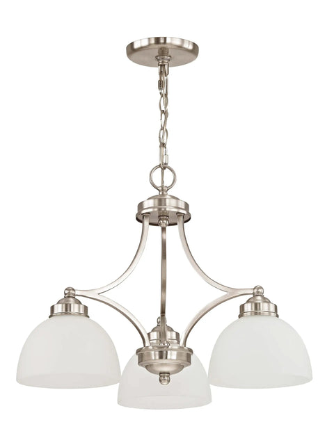 Sleek Silver Transitional Chandelier For Dining Rooms And Living Areas, Steel Construction, three lights with satin glass