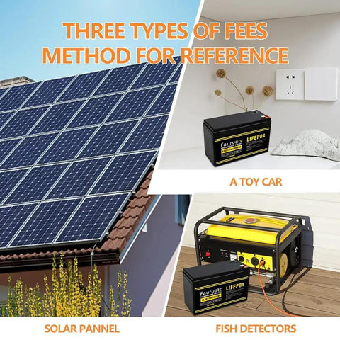 Powerful 12V LiFePO4 Battery With Built-In BMS, 7Ah Deep Cycle used for solar panels, toy cars, and fish detectors.