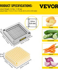 Replacement Chopper Blade Set One Quarter Inch For Even Cuts shown with dimensions and example cuts of potatoes and vegetables.