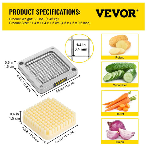 Replacement Chopper Blade Set One Quarter Inch For Even Cuts shown with dimensions and example cuts of potatoes and vegetables.