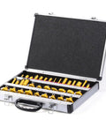 Badass 35 Piece Router Bit Set Offering Rock Solid Quarter Inch Shank Construction Premium Tungsten Carbide Tips in tool case.