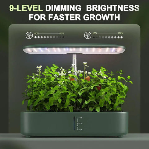 Indoor Hydroponics Garden Kit With 12 Pods LED Grow Light Auto Timer Adjustable Height Up To 17 Inches showcasing thriving herbs