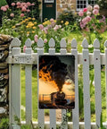 Vintage Steam Locomotive Sunset Aluminum Metal Sign Eight By Twelve Inch Dope Retro Railway Wall Art displayed on white picket fence