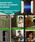 Illustration of Eight Pack Ultra Thin Magnetic Cabinet Door Catches With Adhesive Mount, preventing door accidents in kitchen.