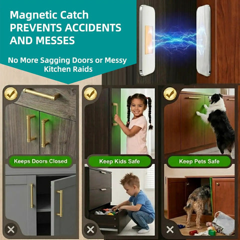 Illustration of Eight Pack Ultra Thin Magnetic Cabinet Door Catches With Adhesive Mount, preventing door accidents in kitchen.