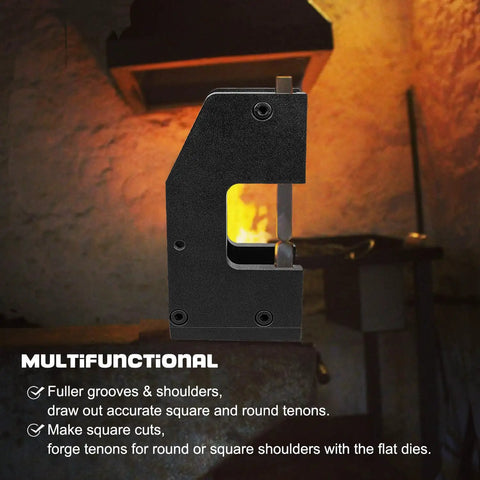 Guillotine Tool For Blacksmithing And Tinsmithing, Boss Grade Fuller And Shoulder Cutter in a workshop setting