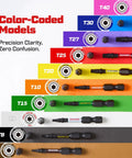 Color-coded Torx Screwdriver Bits from 52 Pcs Magnetic Pro Grade Set T7-T40 in rainbow pattern for easy size identification