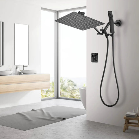 All Metal Dual Shower Head Combo With 12 Inch Rainfall Shower Head And Handheld, Matte Black Finish in elegant bathroom setting