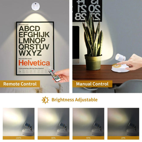 Cordless Battery Operated Spotlight With Remote And Button Control showing dimmable uplighting for wall art display