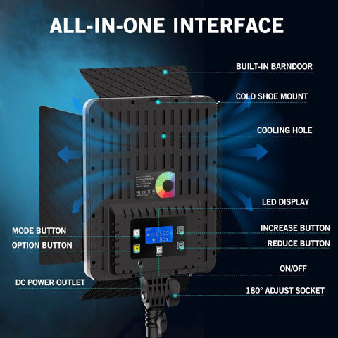 Back view of Two Pack RGB Video Lighting Kit with 40W Output, showing LED display, cooling holes, and built-in barndoor.