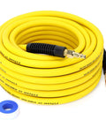 Heavy Duty Hybrid Air Compressor Hose 3/8 Inch X 50 Foot Lightweight Kink Free Airline With 1/4 Inch Brass Fittings in bright yellow
