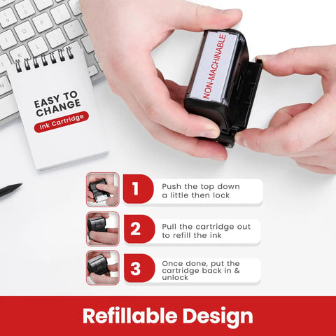 Get The Job Done Quick With This No Fuss Self Inking Rubber Stamp Featuring Non Machinable Mail Markings For Hassle Free Postal Compliance And Refillable Ink That Prints Crisp, showing hands changing the refillable ink cartridge.