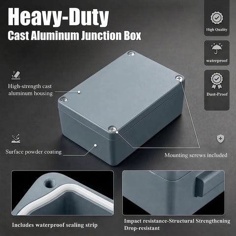 Heavy Duty Cast Aluminum Project Box With IP66 Waterproof Rating Tough As Nails High Strength Heat And Cold Resistant Junction Enclosure Electrical Storage Cabinet 7.4 X 4.7 Inches, gray box with mounting screws and sealing strip.