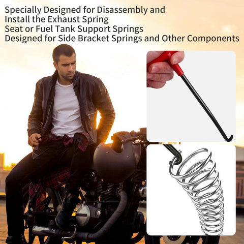 Exhaust spring puller set, 2 pcs, red T-handle tool and coil spring for motorcycle exhaust springs