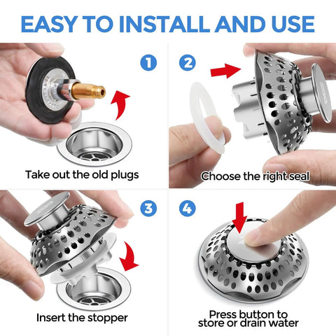 Press Down Bathtub Drain Stopper And Hair Catcher Pop Up Plug With 3 In 1 Rock Solid Build installation steps showing parts and usage.
