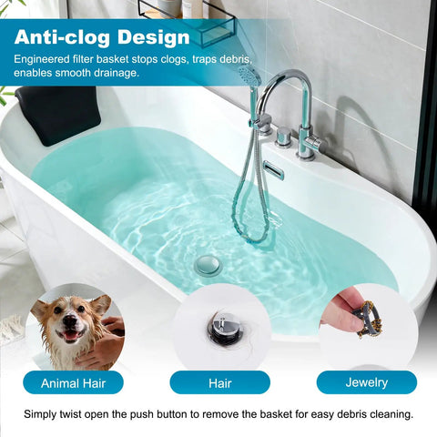 Heavy Duty Metal Bathtub Drain Stopper That Actually Works With Built Hair Catcher and Rapid Flow System Universal Pop Up Tub Plug fits standard plumbing setup with anti-clog design.