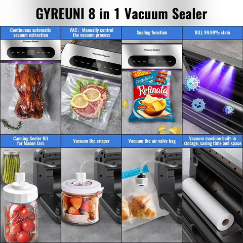 8 In 1 Food Vacuum Sealer Machine With Canning Sealer, Multi Function Vacuum Sealer With Built In Cutter, various uses displayed