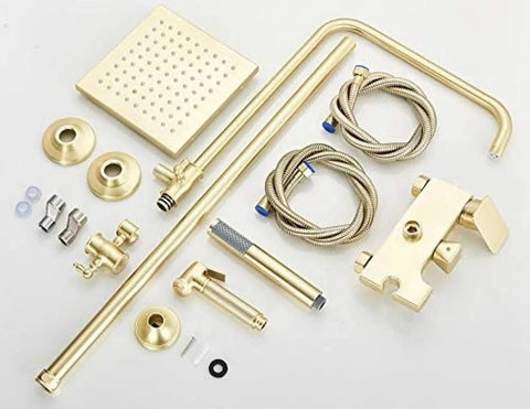 UBNMIUBV Shower System, Brushed Gold Shower Faucet Rainfall Shower Faucet Bathtub Mixer Tap parts including showerhead and hoses.