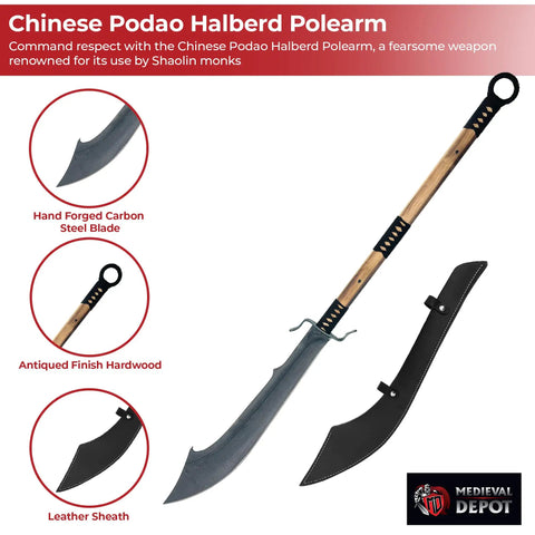 Beefy 53 Inch Chinese Podao Halberd Polearm With Hand Forged High Carbon Steel Blade and Antiqued Hardwood Handle