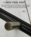 Close-up of a 12-inch wood lathe tool rest with a welded 1-inch stainless steel post on a black base