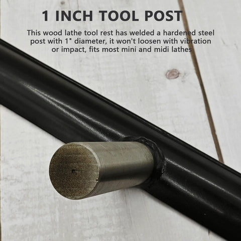 Close-up of a 12-inch wood lathe tool rest with a welded 1-inch stainless steel post on a black base