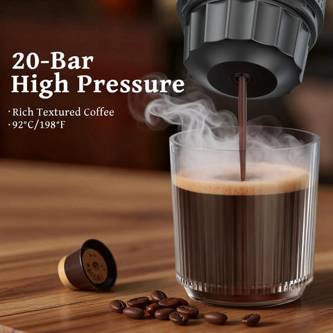 Grab And Go Portable Espresso Machine For Travel And Outdoors 20 Bar Extraction brewing espresso into a glass