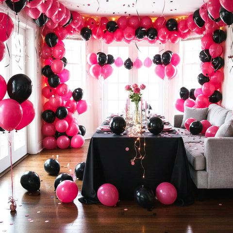 Room decorated with Hot Pink Balloons 154pc Set In 18, 12, 10, And 5 Inch Latex For A Lit Balloon Arch Kit And Garland for a party.