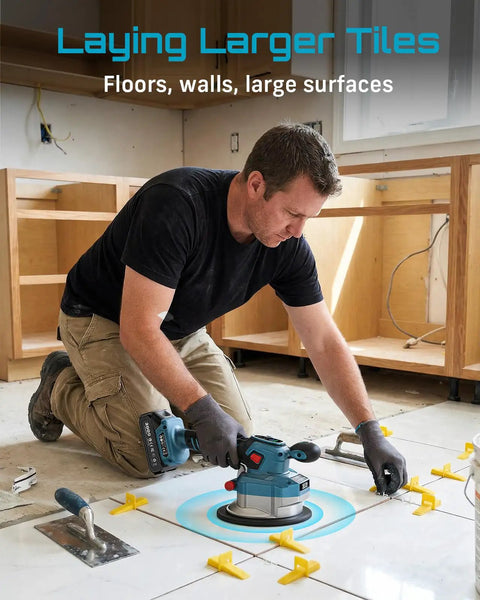 Man using Tile Vibration Tool With 145mm Suction Cup, 10 Speed Vibration Leveler For Laying Floor And Wall Tiles, Heavy Duty