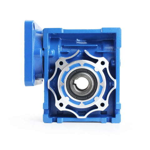 CNCTOPBAOS NMRV040 worm gear reducer, blue metal housing, front view with silver circular output and bearing