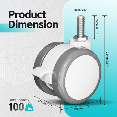 Lockable Stem Caster Wheels Set Of Four, 2 Inch Nylon Threaded Swivel Casters With Five Sixteenth Inch Stems, 8mm Diameter And M8 Thread, Replacement For Standing Desks, Each Wheel Load Capacity 100 Lbs, White.