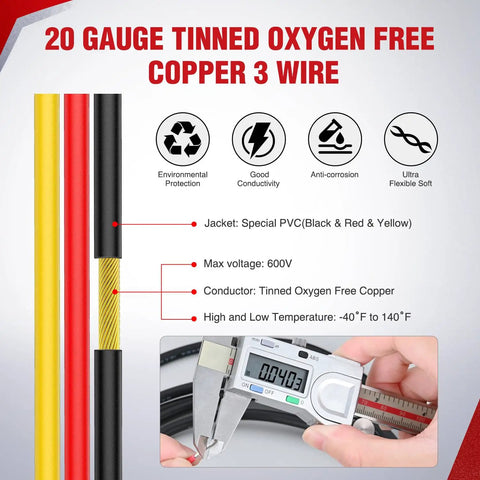 Heavy Duty 50 Foot 20 AWG 3 Core Electrical Wire Featuring Solid Tinned Copper And Sleek Red Black Yellow Jackets for flexible use and high conductivity.