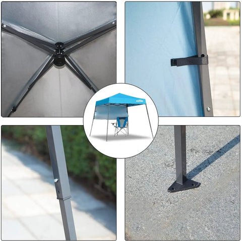 Collage of Grab-And-Go Ultra Compact Backpack Canopy Pop Up Shelter details, showing frame, fabric, legs, and full setup view.
