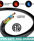 Close-up of Heavy Duty Yard-Ready Outdoor Extension Cord 30 Ft With 3 Outlets 14-3 SJTW 3 Prong grounded showing copper core